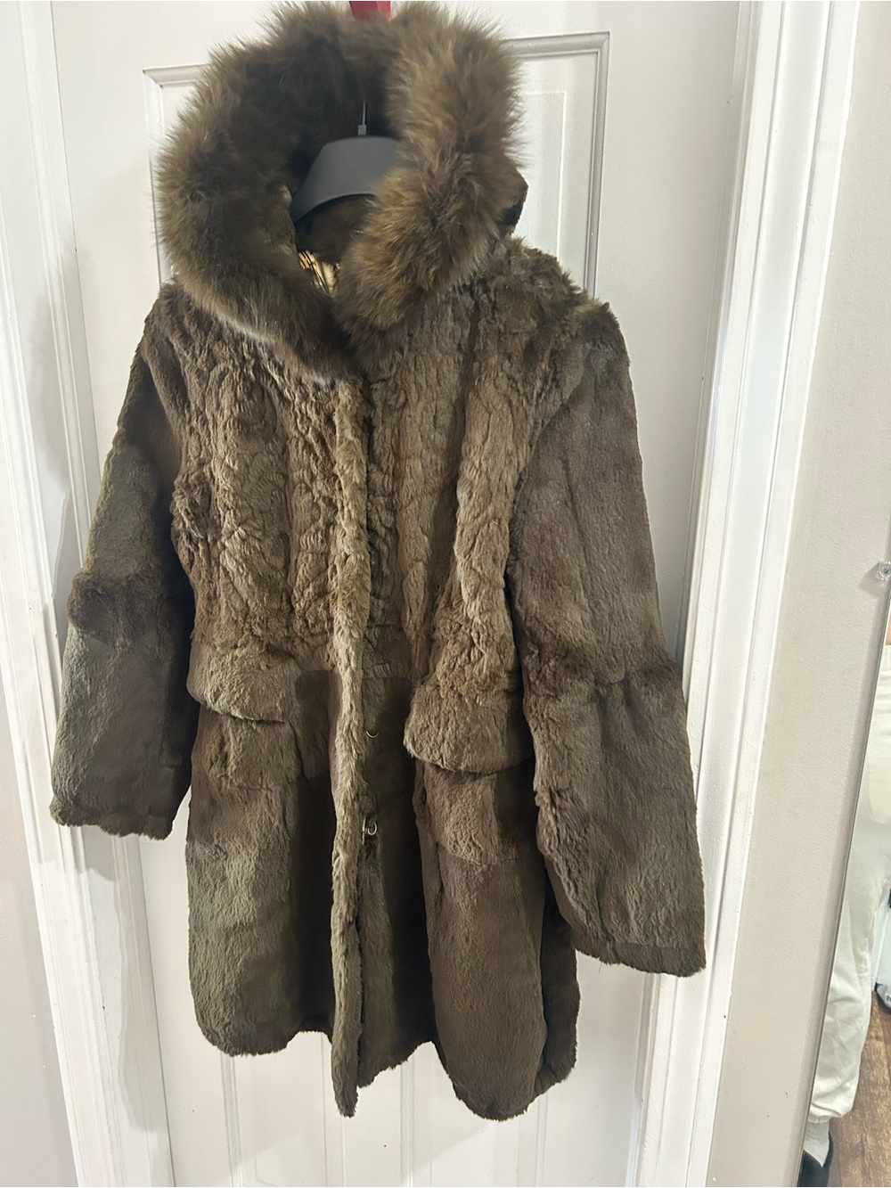 Olive Green Rabbit Fur Coat Genuine Fox Fur Hood Collar M/L - Picture 5 of 11